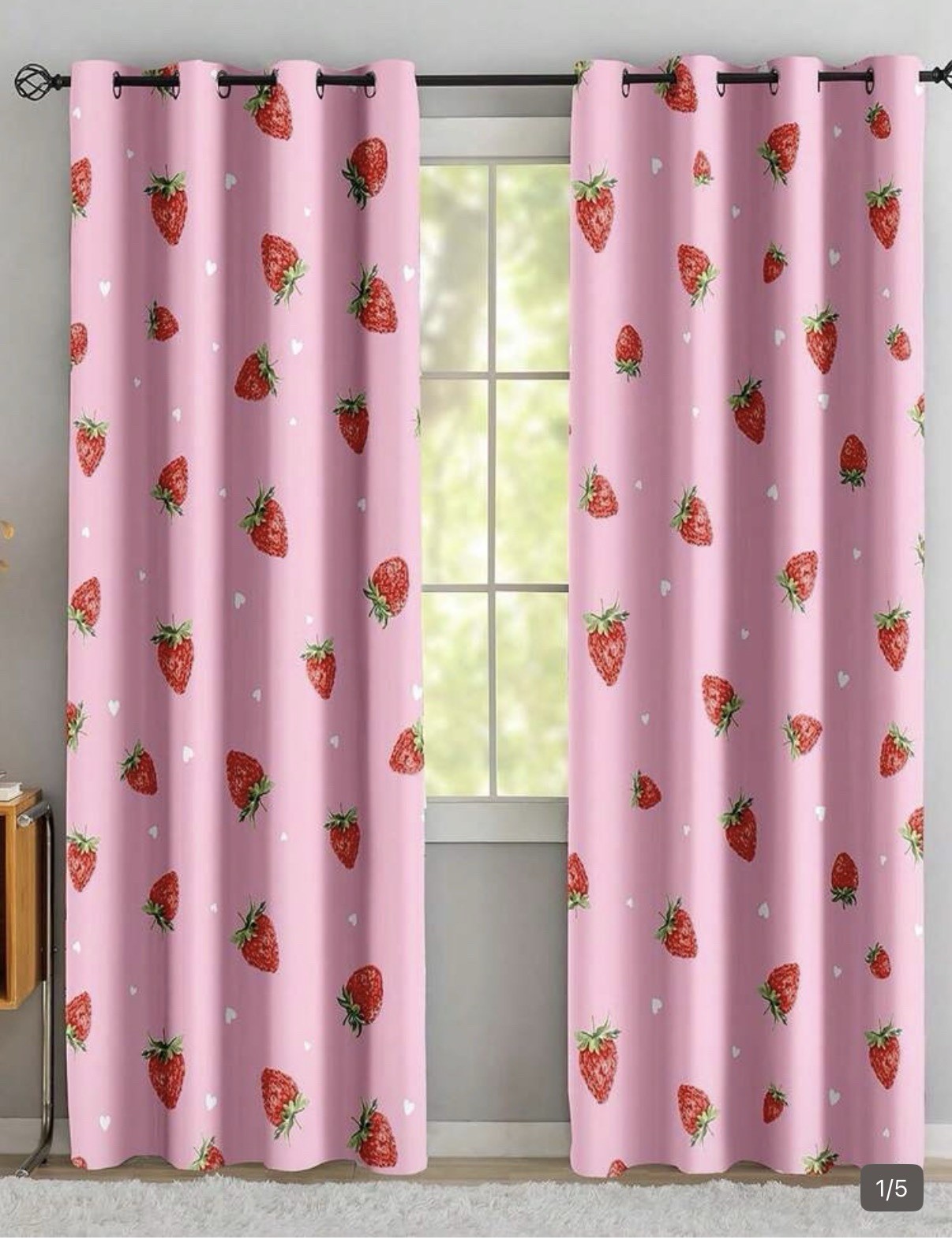 Pink Strawberry Print Grommet Curtain Panels, Red White Green, Pair. 52”x84”