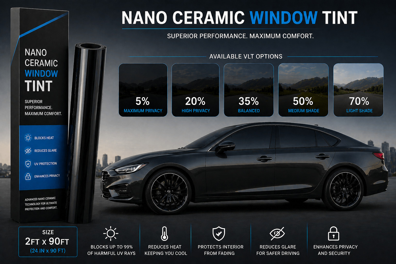 2FT x 90FT Uncut Window Glass Tint Nano Ceramic VLT 20% 35% 50% 70% Film Roll
