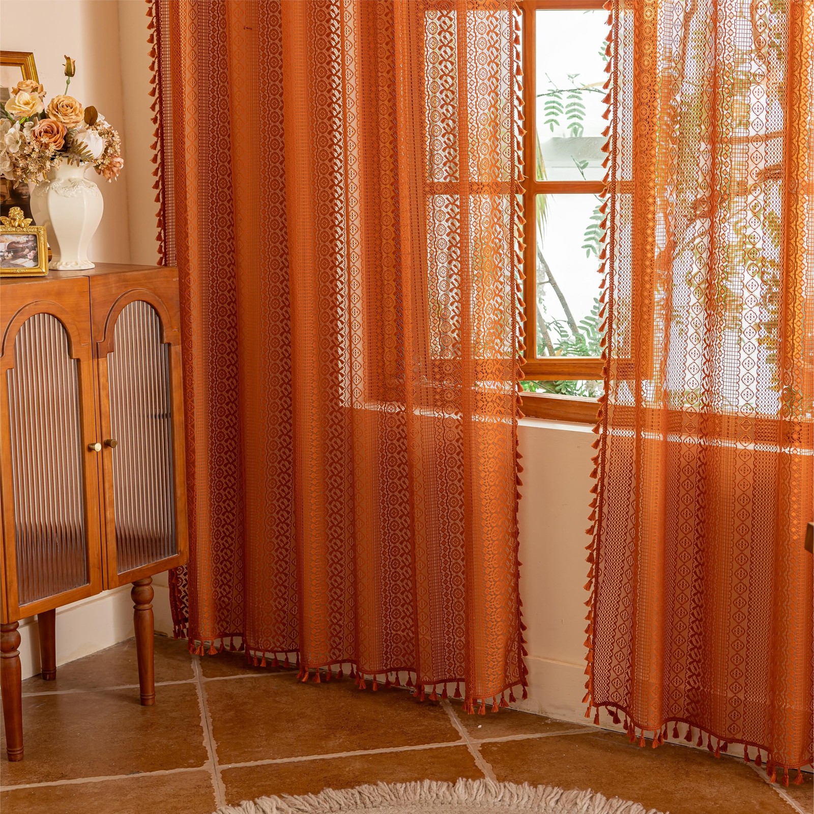 Terracotta Boho Lace Curtains 2 Panels 84 Inches Long for Living Room&Bedroom…