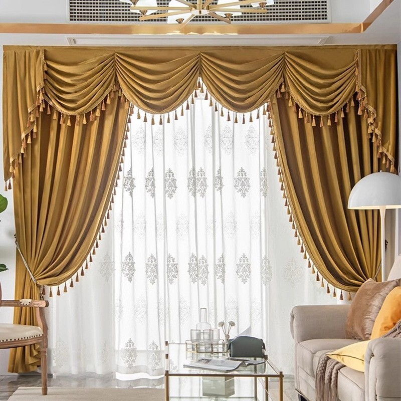 Custom Living Room Golden Modern velvet cloth curtain tulle valance drape C2165