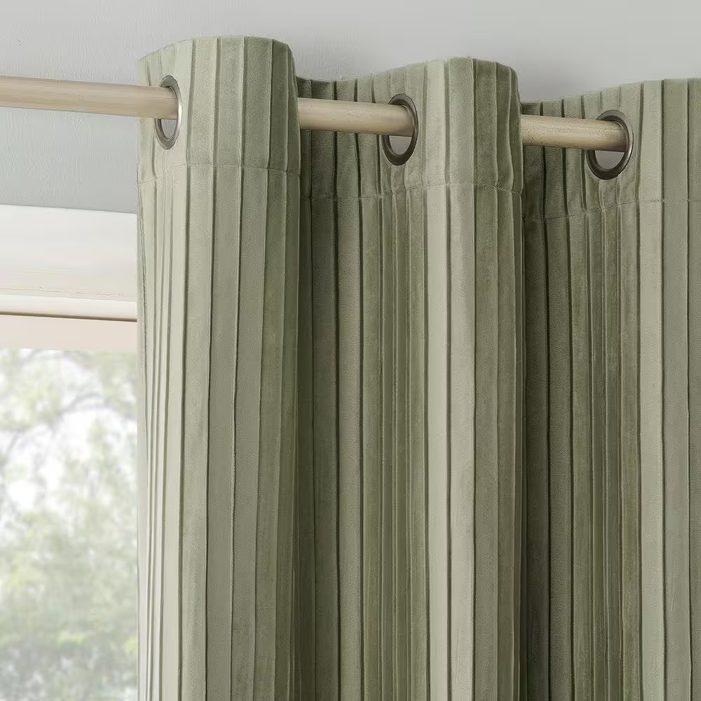 Cascade Pleated Velvet Sage Green Polyester 40 In. W X 96 In. L Grommet Blackout