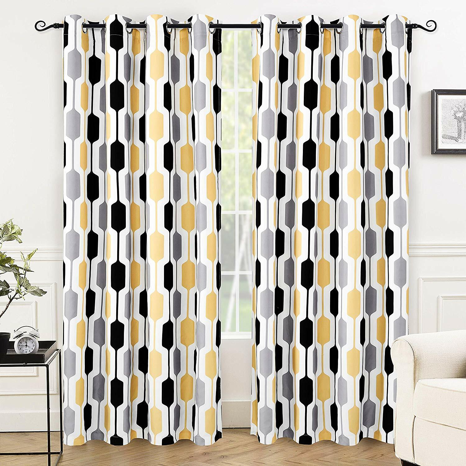 Set 2 Yellow White Gray Geo Stripe Curtains Panels Drapes 84 » Darkening Grommet