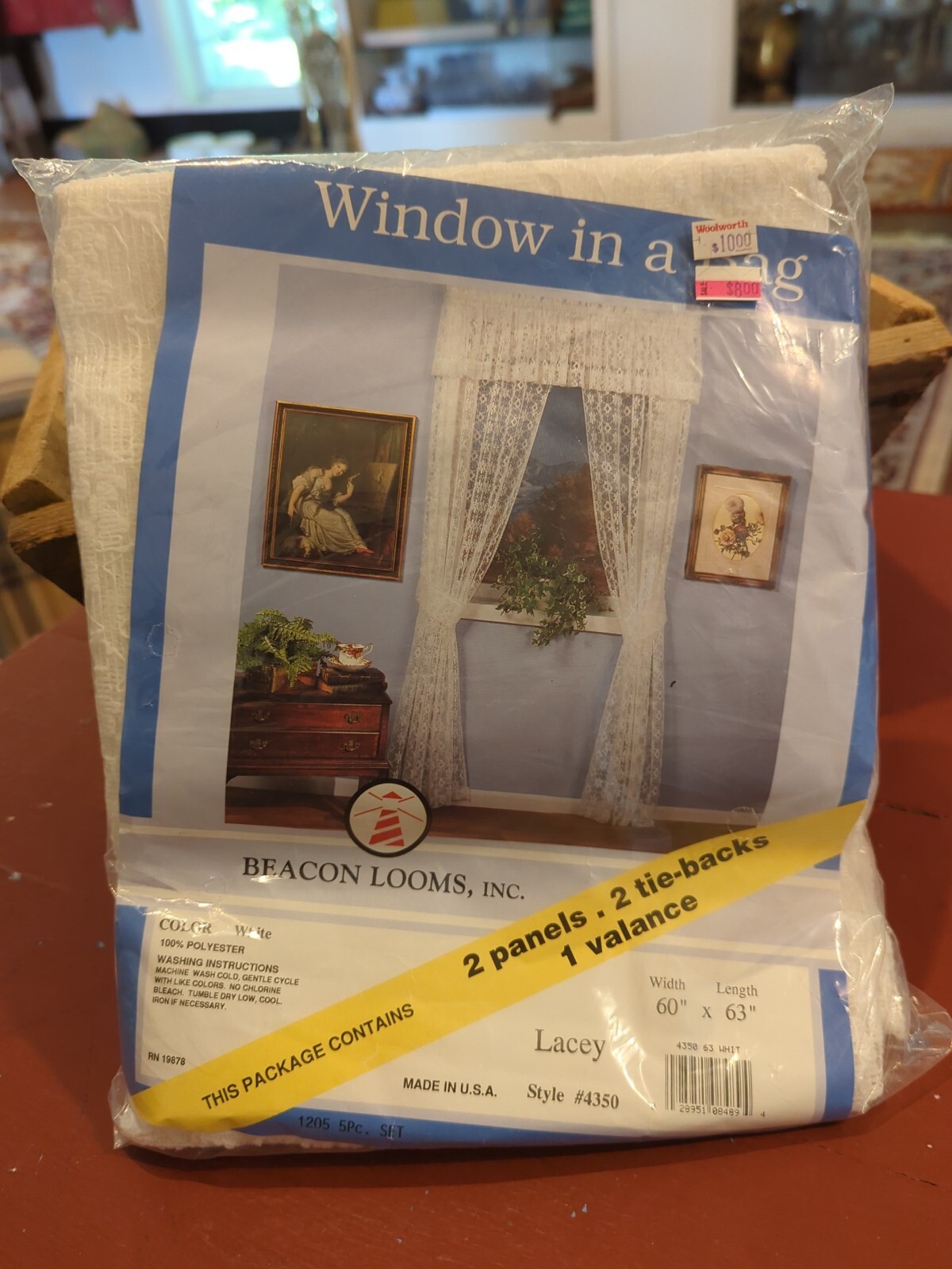 Vintage Window in a Bag Lace Curtain Panel & Valance w/Tiebacks White 60×63″