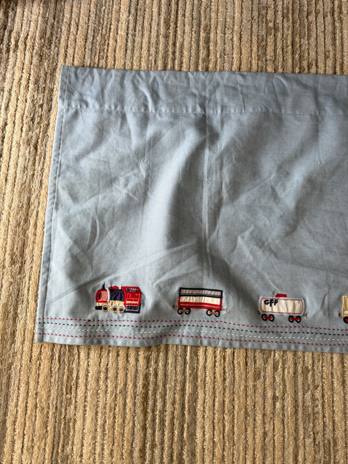 Pottery Barn kids Blue Chambray Train Trains Curtain Valance Single LIKENEW