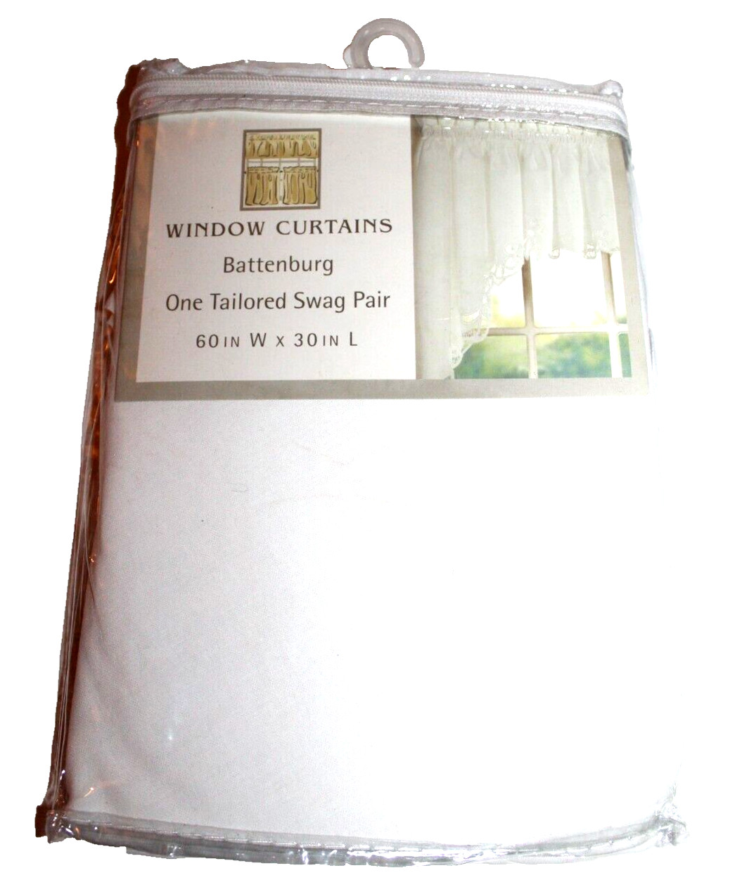 Window Curtains White Battenburg One Tailored Swag Pair – 60 x 30 in.