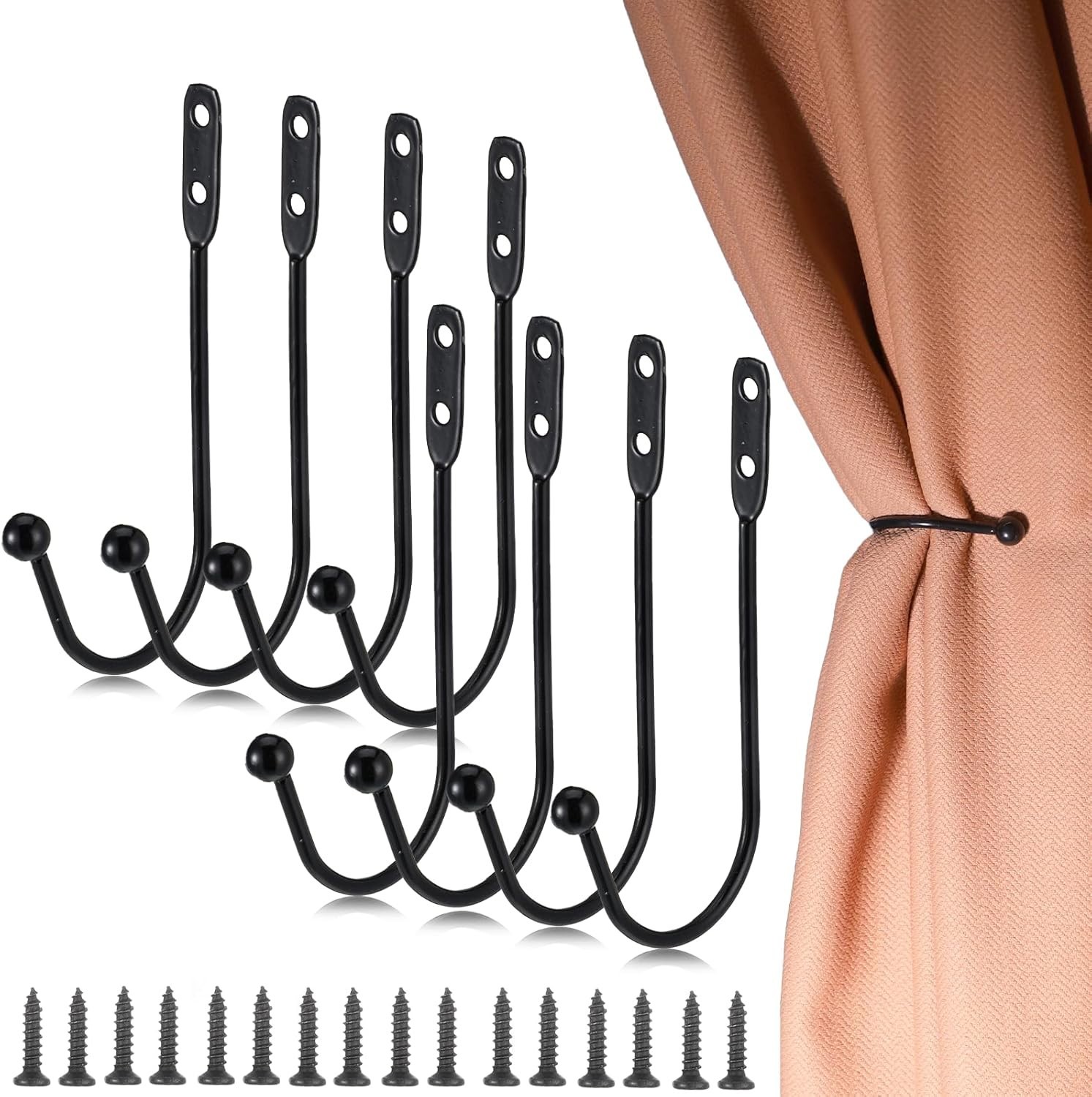 8 Pcs Black Metal Curtain Holdbacks Wall Mounted Tie Backs Hooks with Screws
