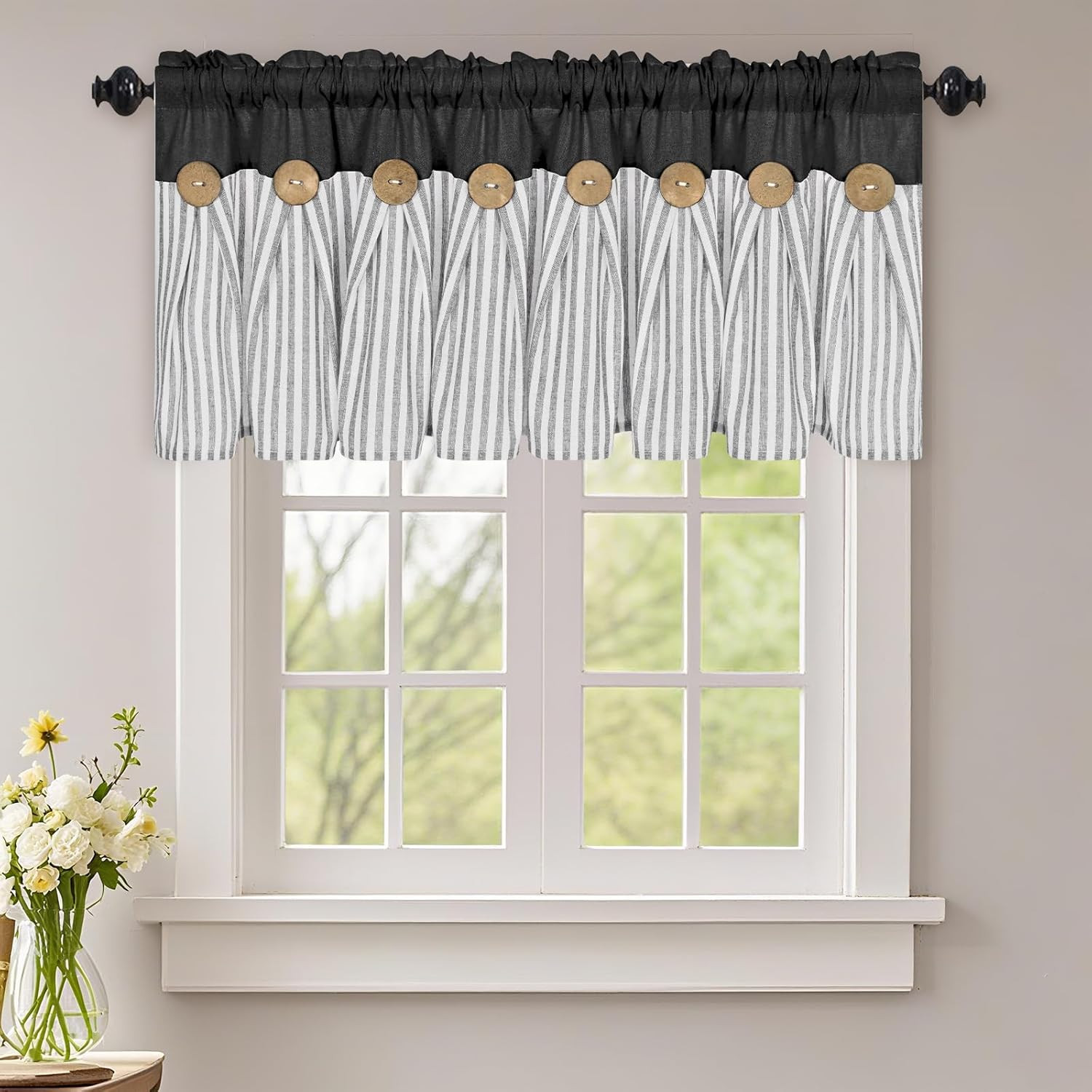 ASPMIZ Cotton Linen Kitchen Valance Curtains, Boho Rustic Button Linen Valances
