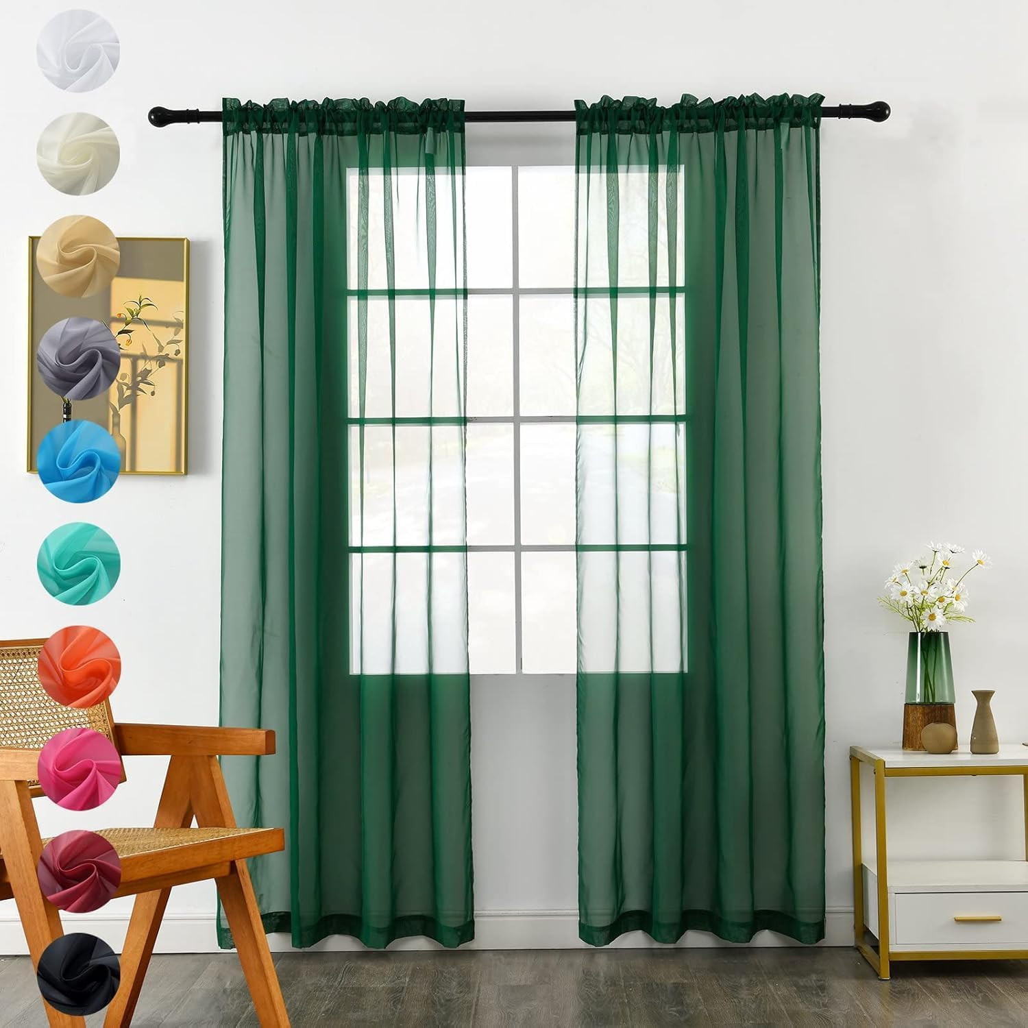Solid Sheer Rod Pocket Curtain Voile Draperies 2 Panels White Beige Black Grey C