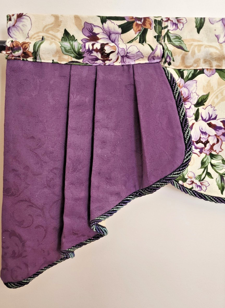 Custom Window Topper Ecru/Purple Braid Trim 24-30″ Opening on Standard Rod