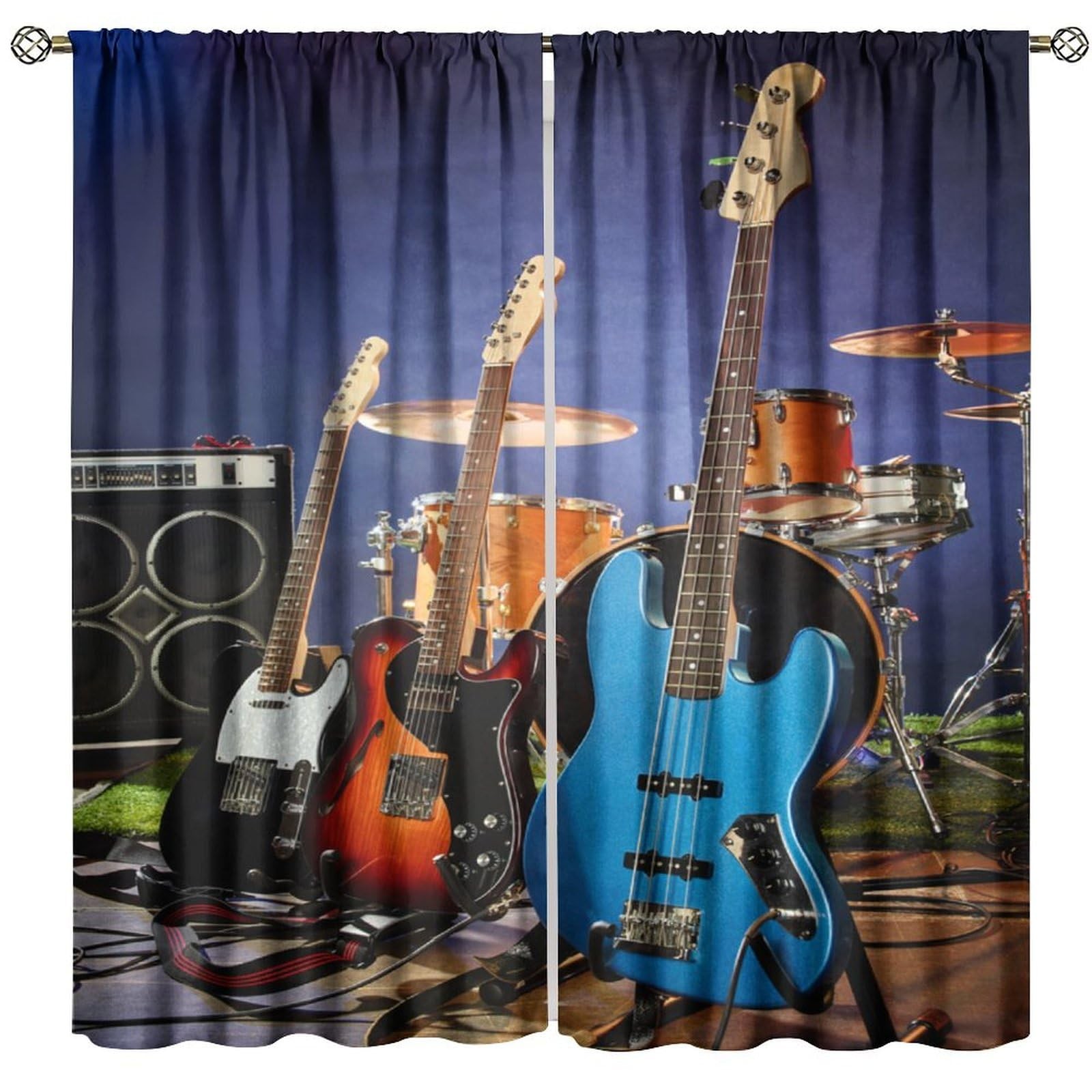 Music Themed Guitar Curtain, Rock Music Drum Kit Musical Instruments Print Wi…