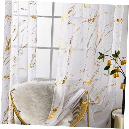 Marble White Sheer Curtains 84 Inch 52″W x 84″L (Pack of 2) Gold and White