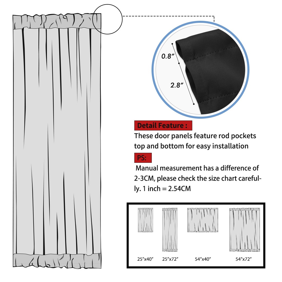 PiccoCasa Blackout Curtains Rod Pocket Sliding Door Panel Darkening Drape 2pcs