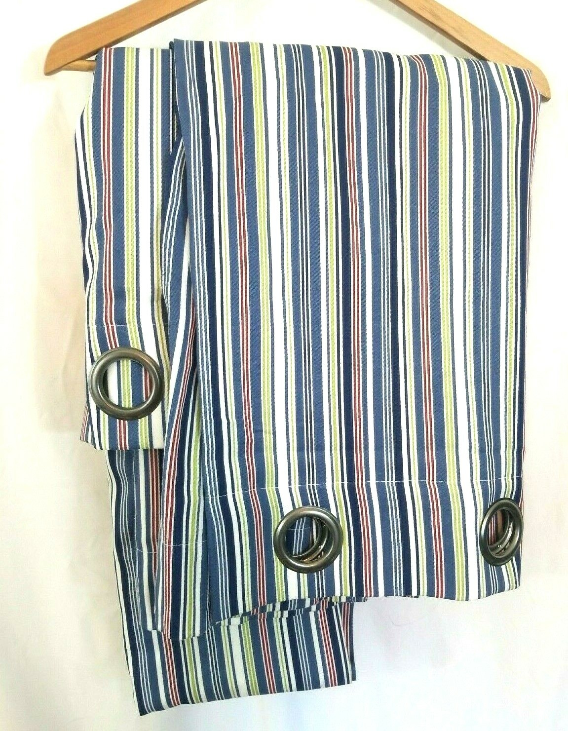 Curtain Panel 50 x 84 Blue Green Red Striped Lot of 2 Grommet Lined