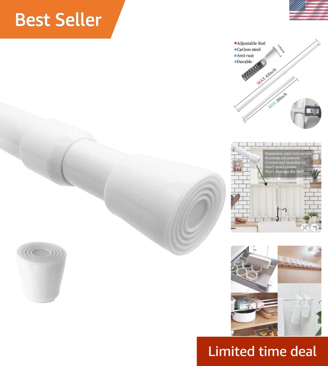 Versatile Tension Rod 28-43in for Curtains & Showers – Durable & Stylish