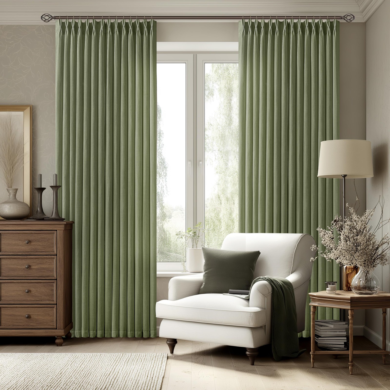 Seeluck Olive Green Linen Curtains 108 Inches Long Living Room 2 Panels Set