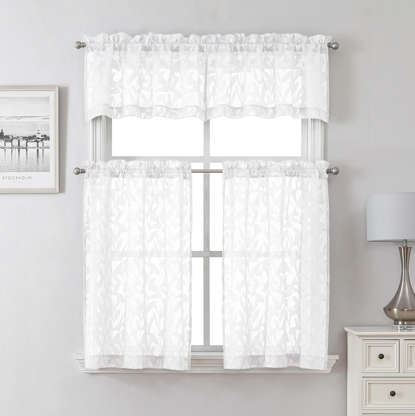 Lecloud Leia Texture White Curtains Sheer Valance 14 Inch Long 2 PCS, Dual Ro…
