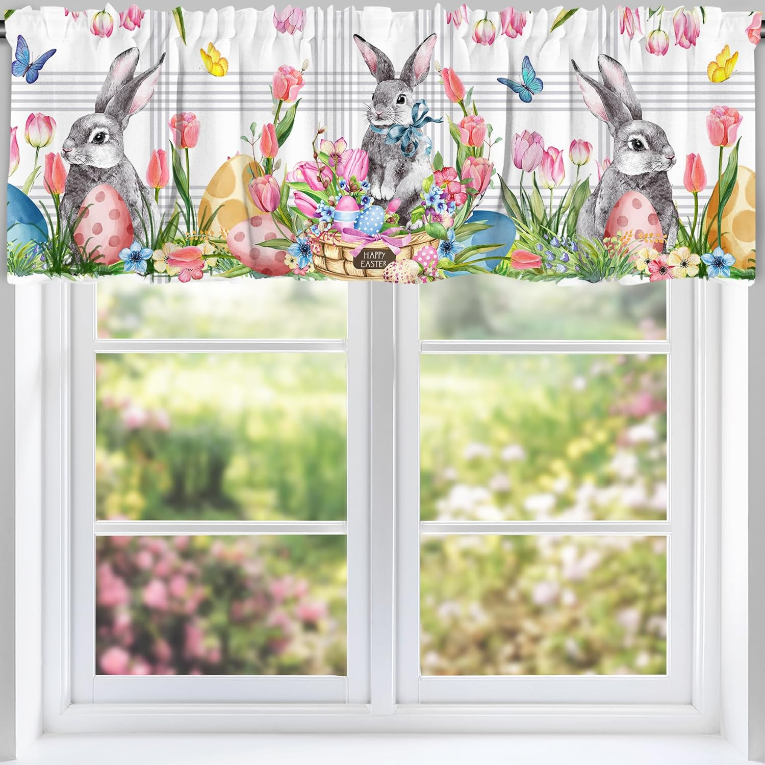 Easter Valance Curtain for Kitchen 18″X54″ Easter Decoration for Home, Buny Pink