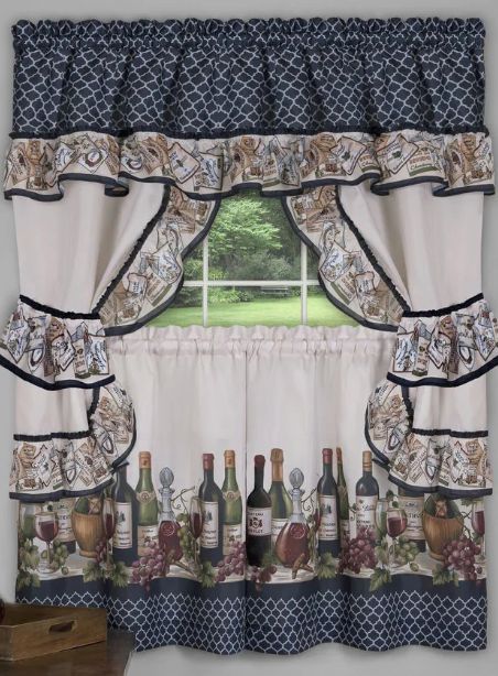 3 Pc Kitchen Curtains Tailored Cottage Set, WINE & GRAPES, CHATEAU, navy, Achim