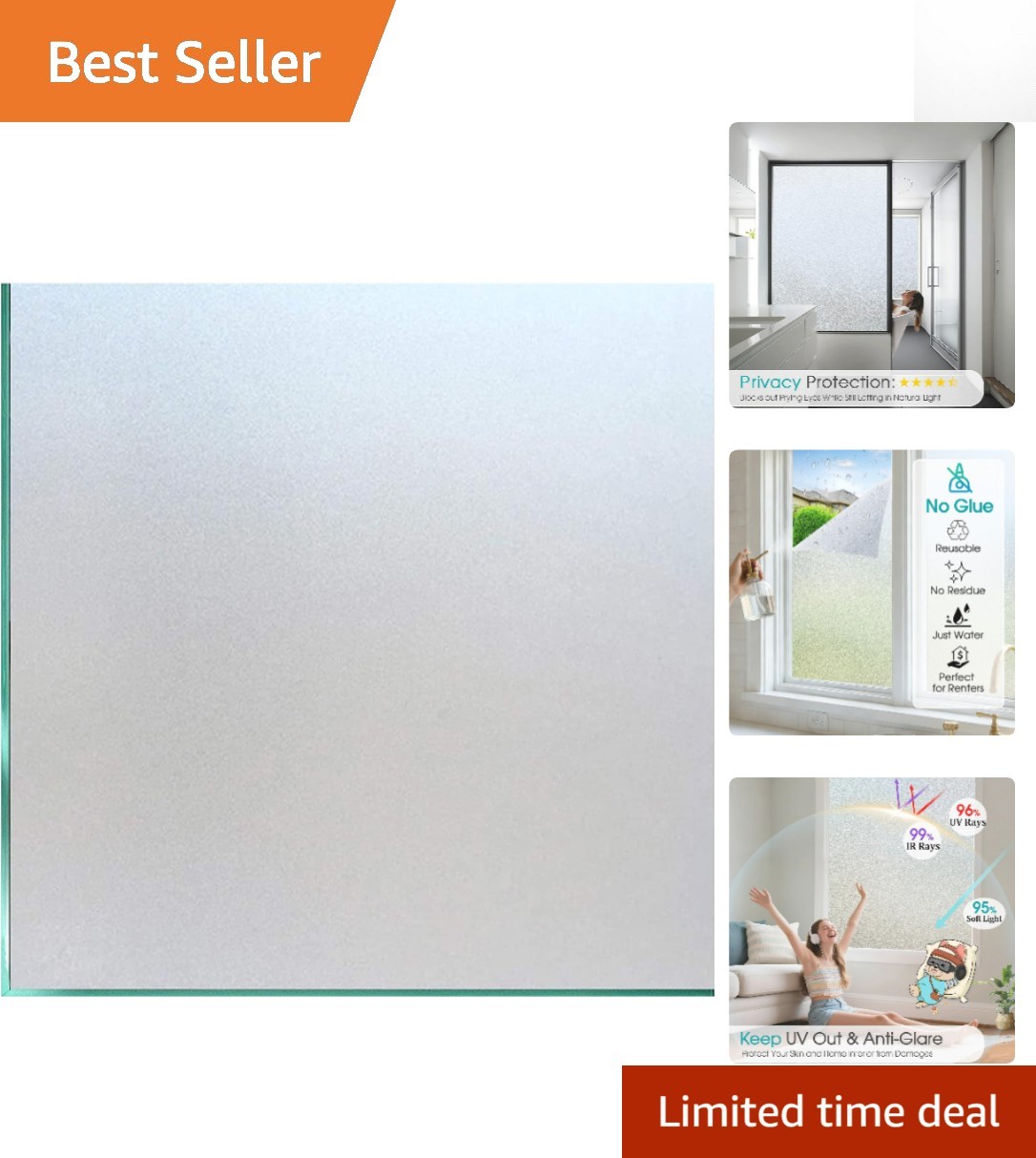 Frosted Glass Privacy Film 17.5 x 78.7 Inch – UV Blocking, Anti-Glare, Renter…
