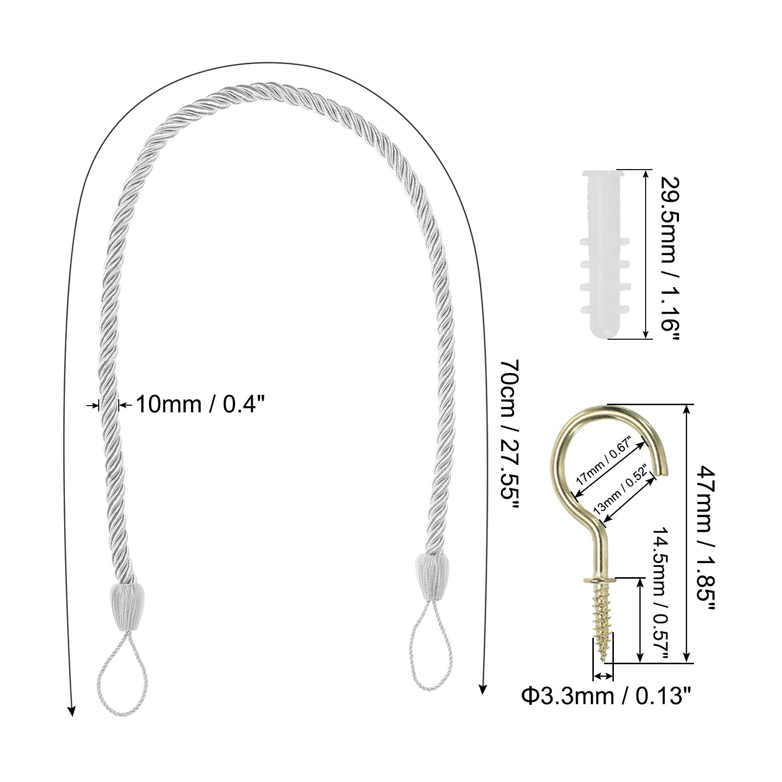 4pcs Curtain Tiebacks Ropes with Hooks Bolts White