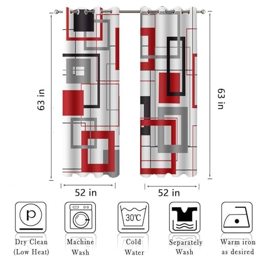 Red Black Geometric Curtain White Grey Plaid Modern 52″W x 63″L (Pack of 2)