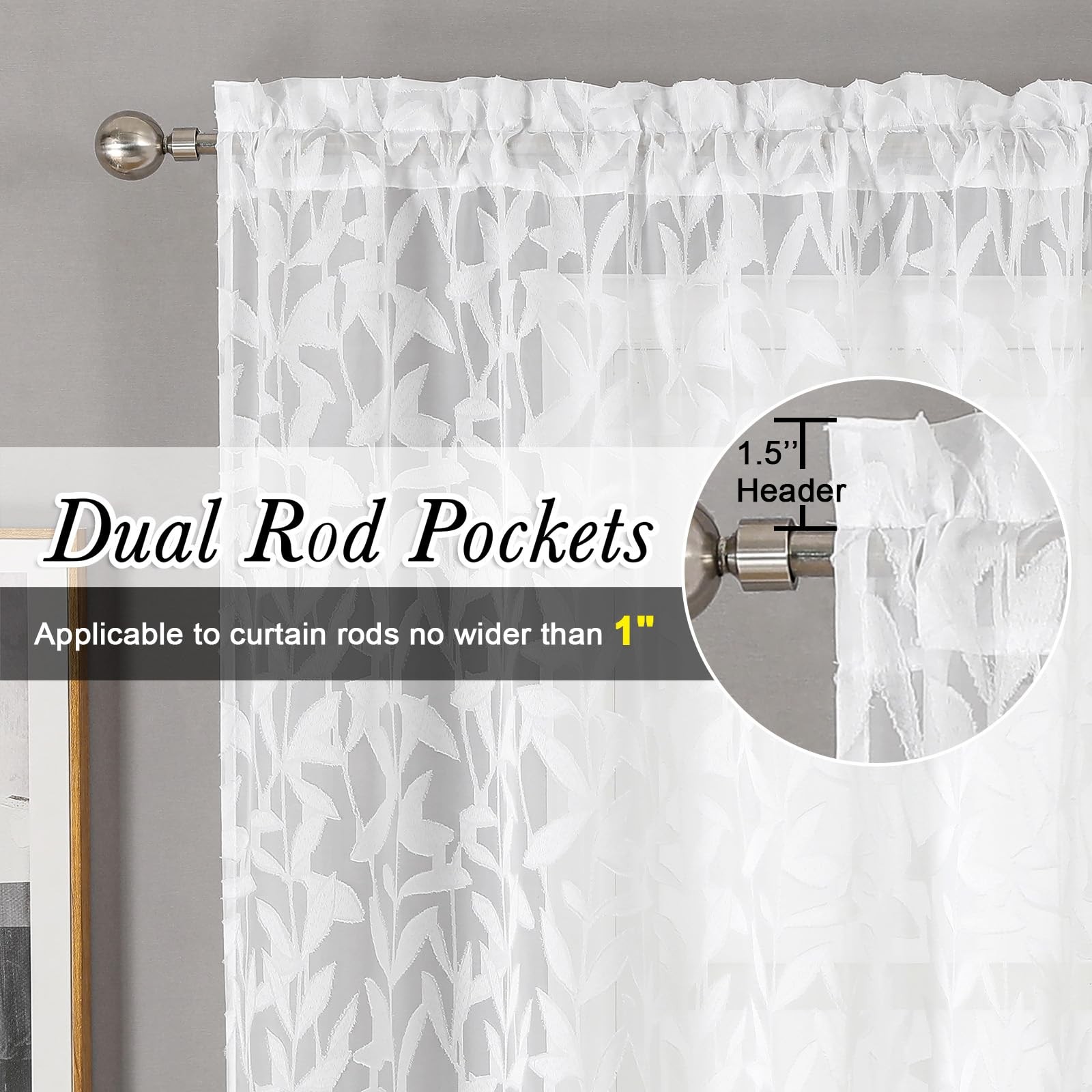 Lecloud Leia Texture White Curtains Sheer Valance 14 Inch Long 2 PCS, Dual Ro…