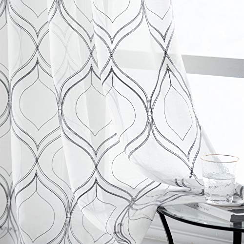 2 Pieces Moroccan Trellis Embroiderd White Sheer 54″W x 72″L (Pack of 2) Grey