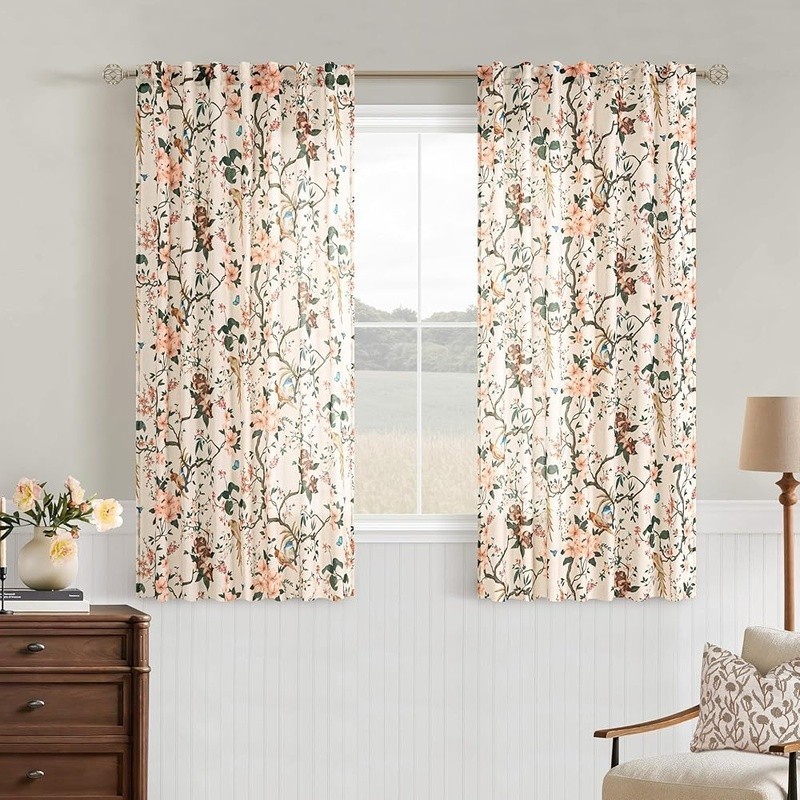Floral Parrot Curtains Light Filtering Linen Blend Decorative Panels 120L x 52W
