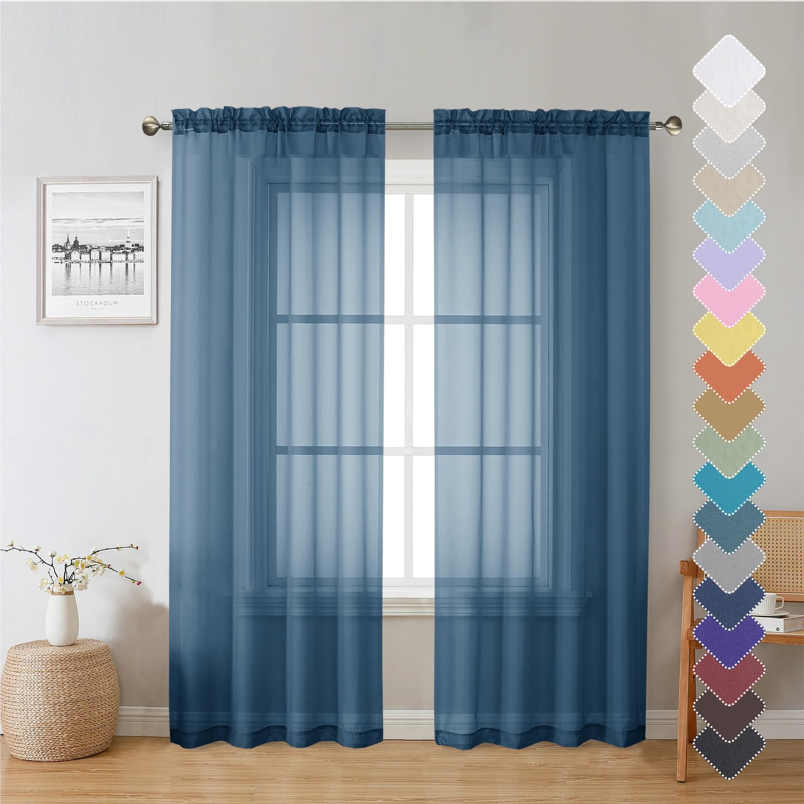 Dusty Blue Sheer Curtains 72 Inches Long 2 Panels, Light Filtering Voil