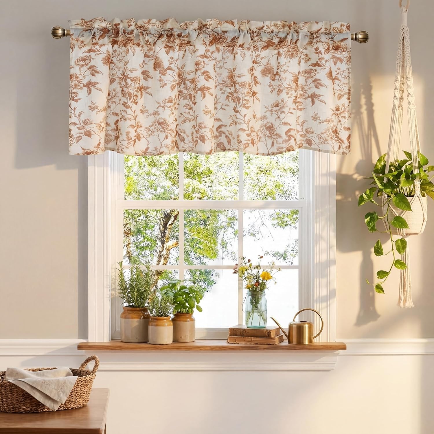 Faux Linen Valance for Windows Kitchen Living Room, Autumn Yellow Brown Peony