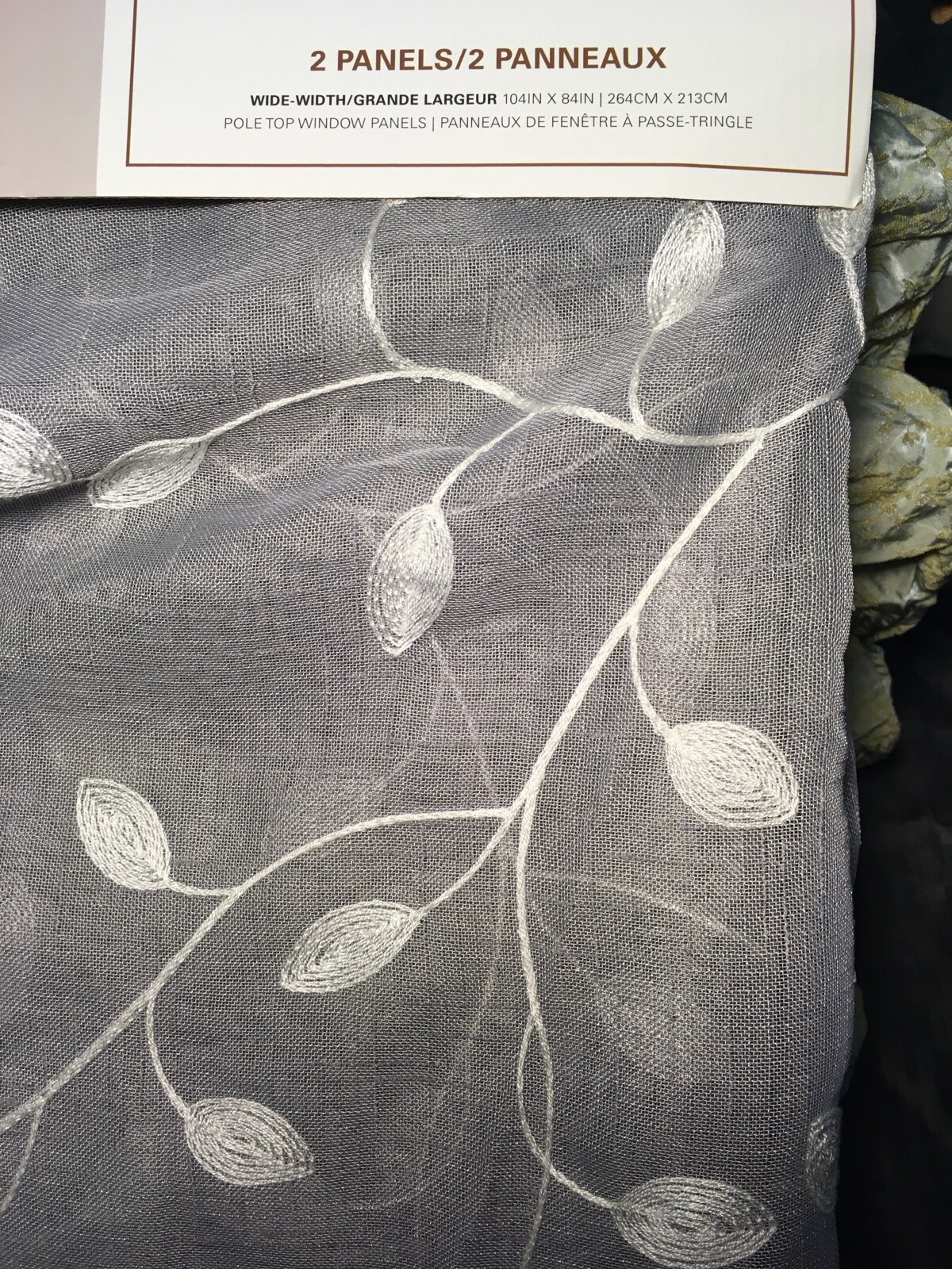 Embroidered White Leafy Vines on Gray Sliding Glass Door Window Panels 104 x 84”