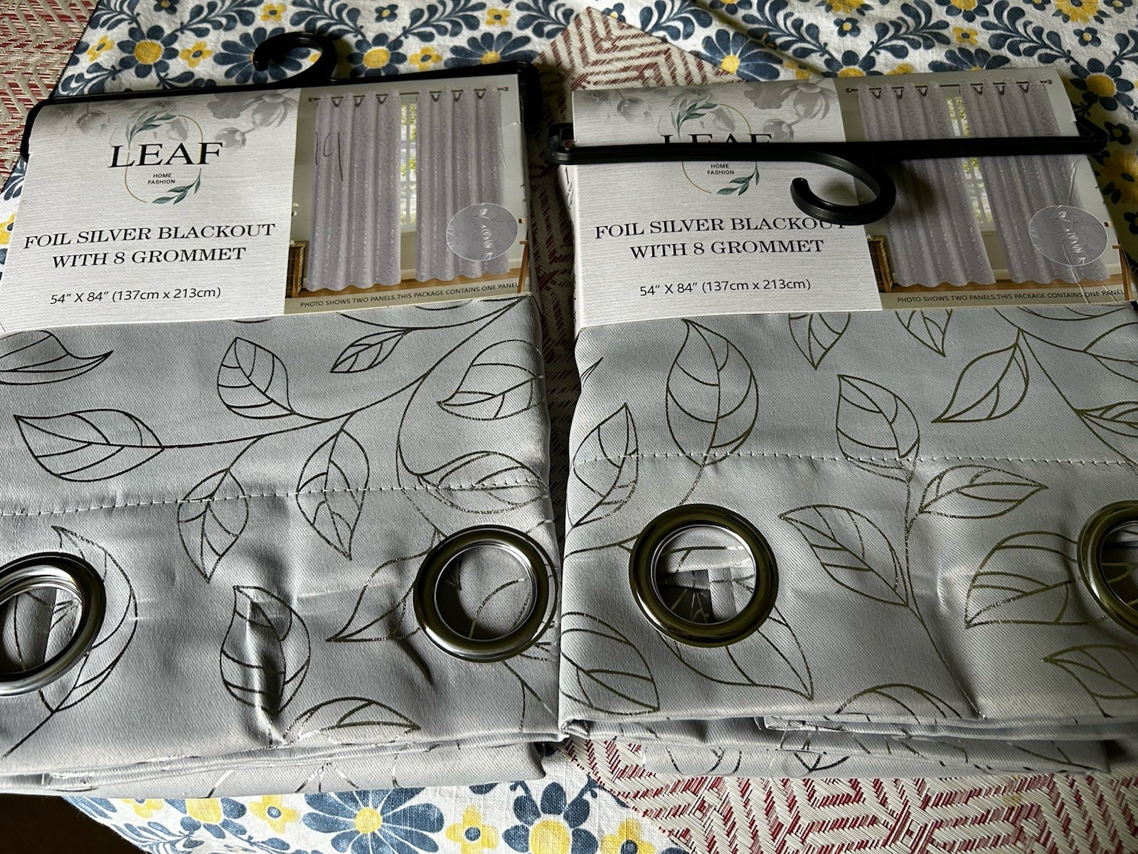 Silver Blackout Curtain Panel 54” x 84” Leaf Pattern Grommet Top – 2 Panels