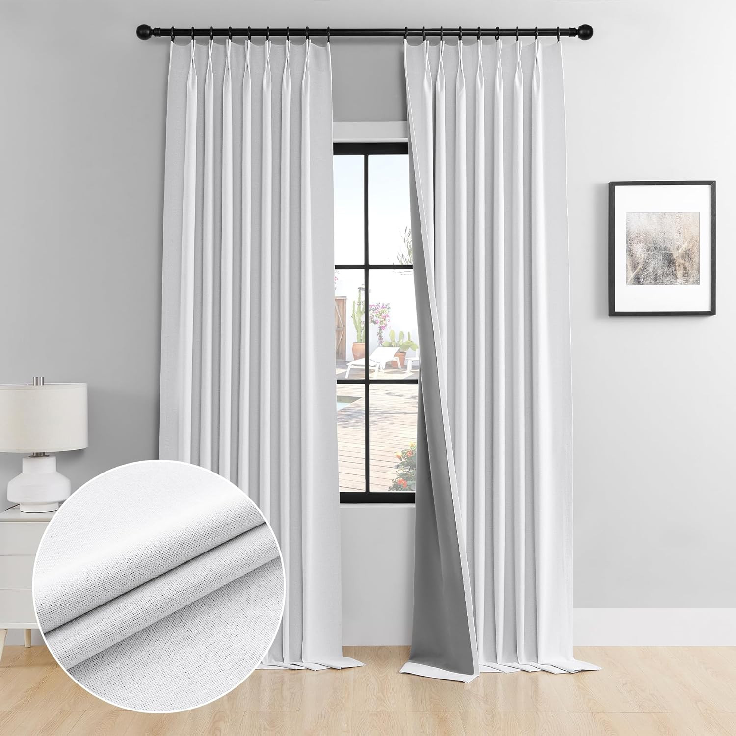 White Linen Blackout Pinch Pleated Curtains 120″ for Patio Door, 1 Panel
