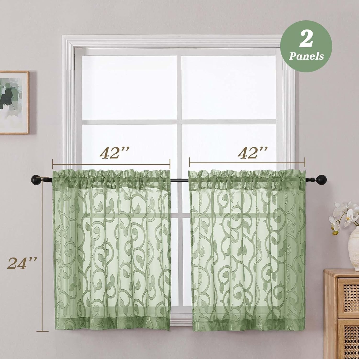 Light Filtering Sage Green Window Curtains Set – 2 Panels 24″ Length, 42″ Width