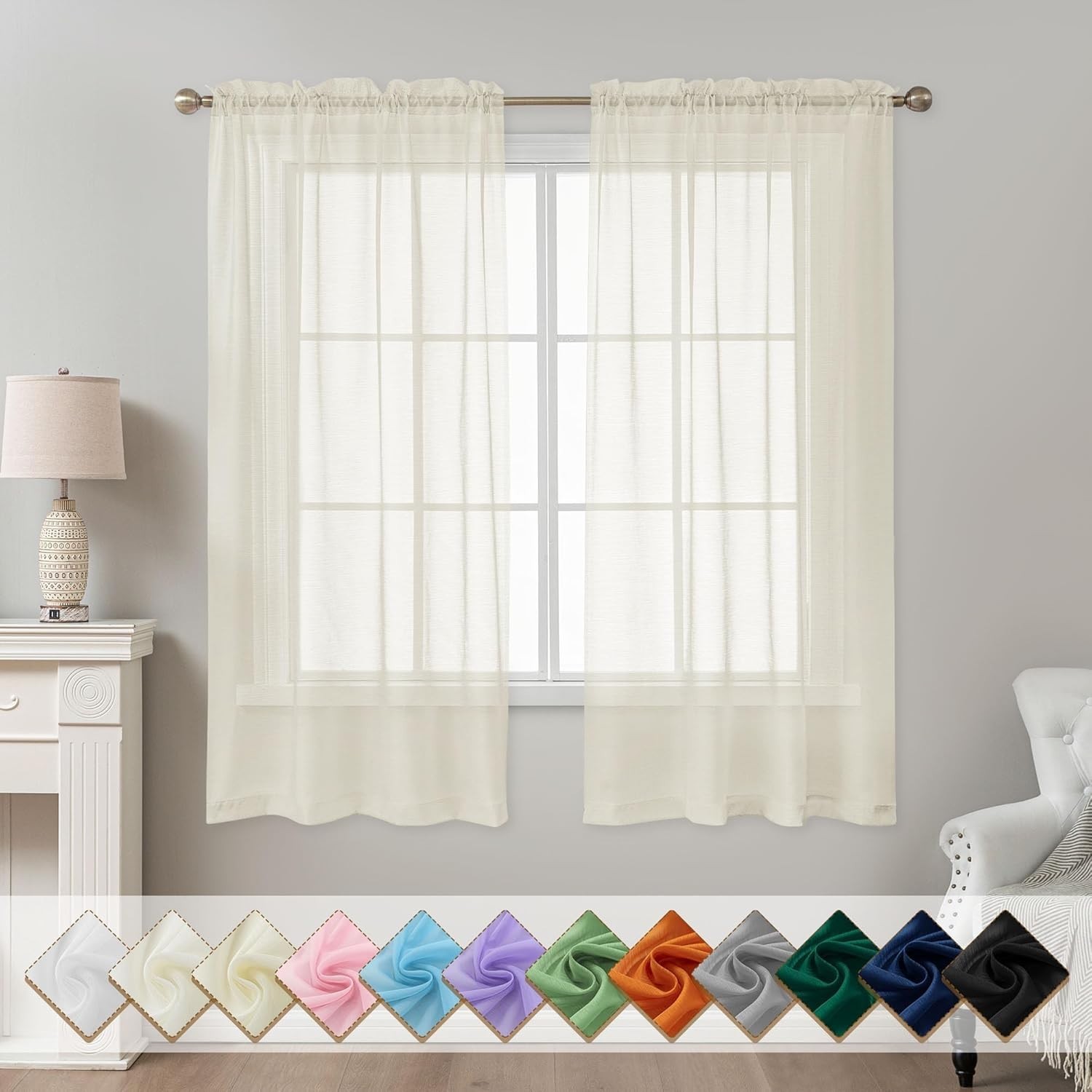 Sheer Curtains 63 Inch Length, Privacy Semi 42″W x 63″L (Pack of 2) Natural