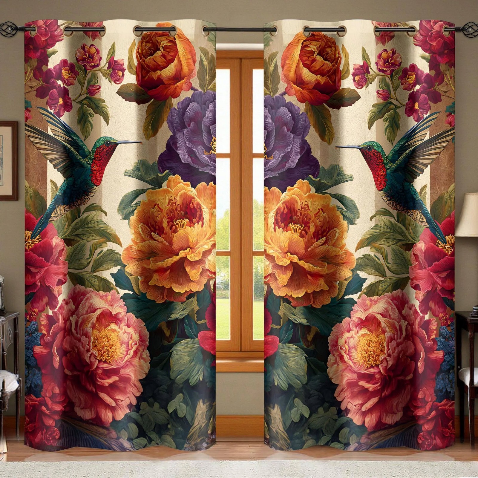 Flower Hummingbird Curtains Romantic Botanical Cottagecore Bird Lover Gift