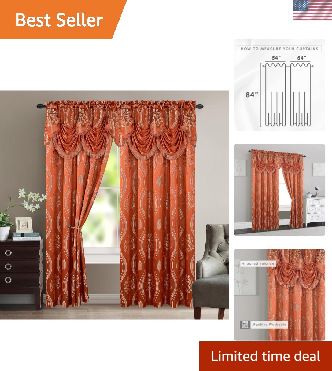 Versatile Aurora Jacquard Look Curtain Panels with Valance (54″ x 84″ Set of 2)