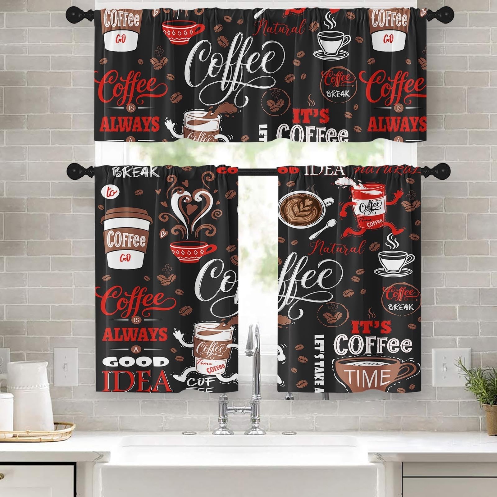 Coffee Kitchen Window Curtains Valance and Tier Set 36 Inch, Black Red Cute Rod