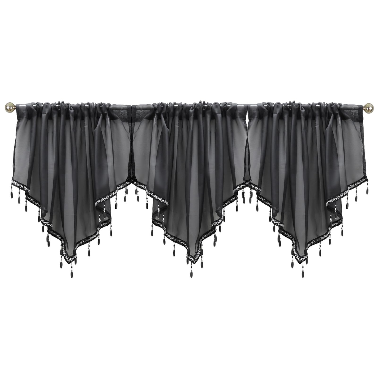 3 Pieces Black Beaded Sheer Valance with Rod Pocket Scalloped Window Curtains…