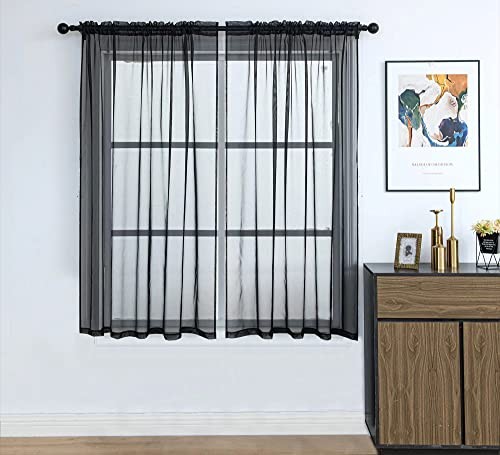 Sheer Curtains 45 inch Length,Voile Short Window 52″W x 45″L (Pack of 2) Black