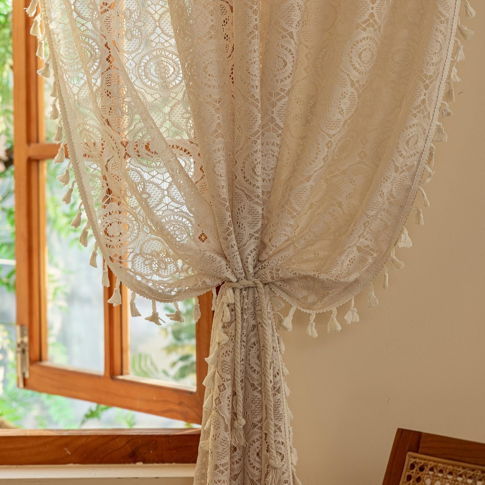 Boho Lace Curtains 84 Inches Long 2 Panels Retro 59″W x 84″L (Pack of 2) Beige