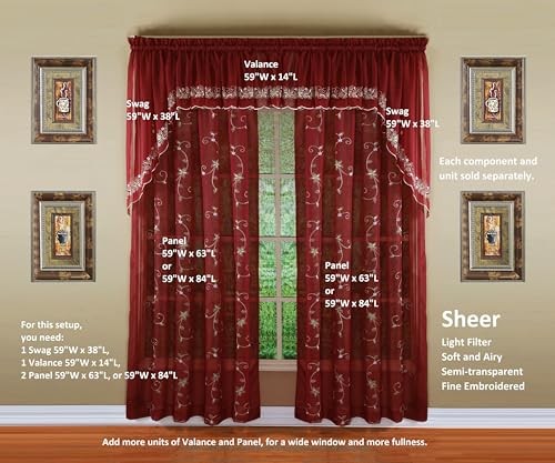 , Emelia Embroidery Sheer Swag 38″, Swag Pair 59″W x 38″L (Pack of 1) Burgundy