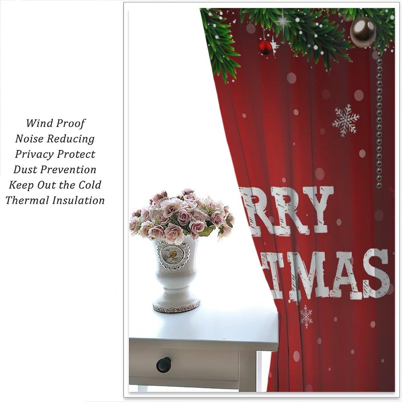 Red Christmas Curtains Balls with Pine Fir Tree Holiday Season Classic Art Pr…