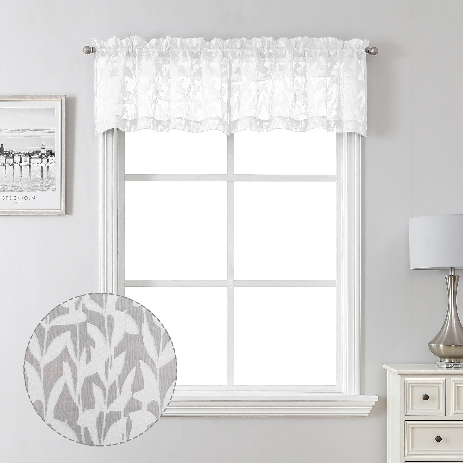 Lecloud Leia Texture White Curtains Sheer Valance 14 Inch Long 2 PCS, Dual Ro…