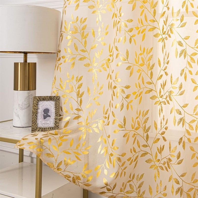 Luxury Sheer Curtains Leaf Pattern Gold Bronzing Window Drapes 2 Panels New