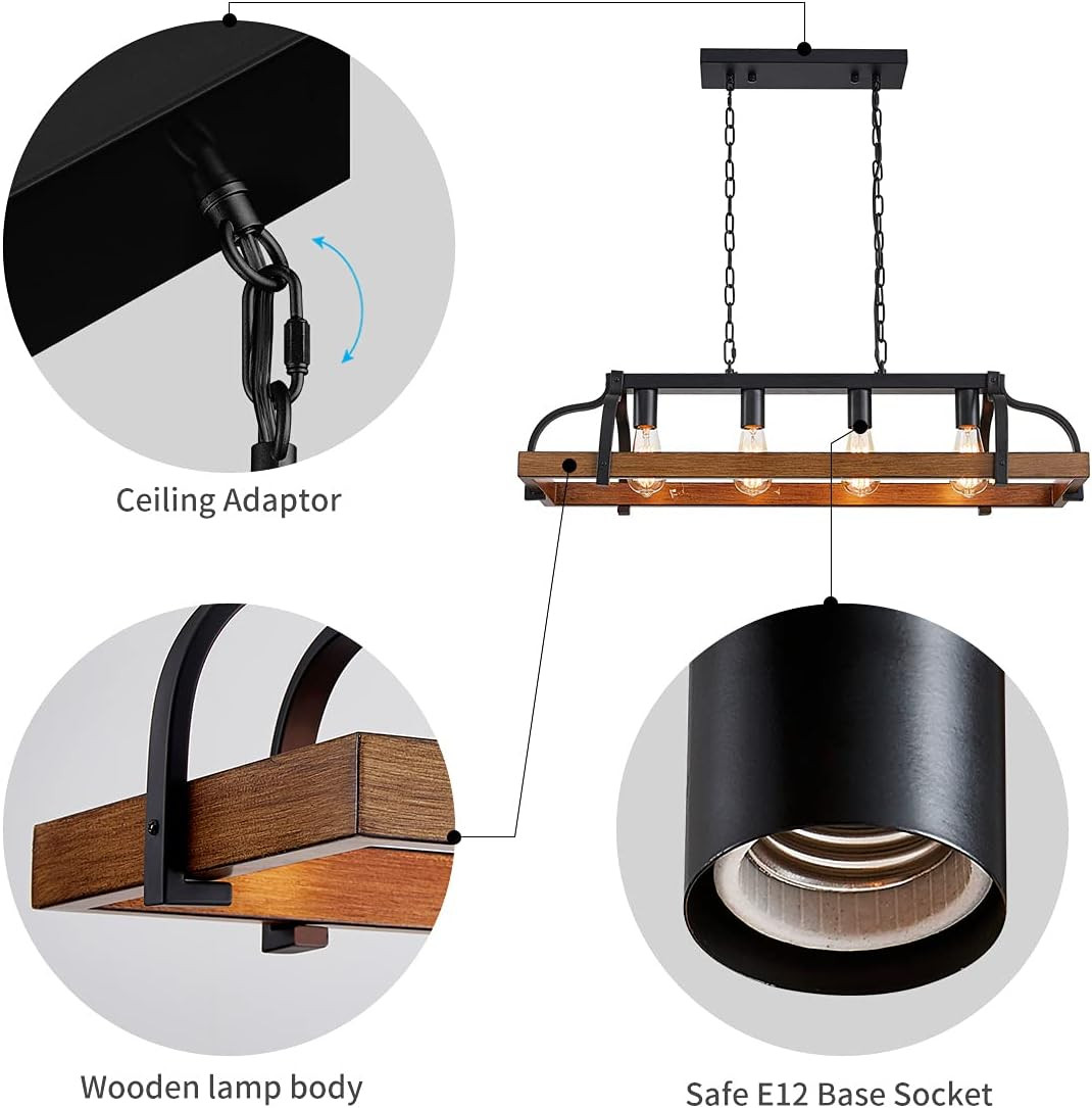4-Light Metal Pot Hanging Rack Chandelier Imitation Wood Grain Linear Pendant Ce