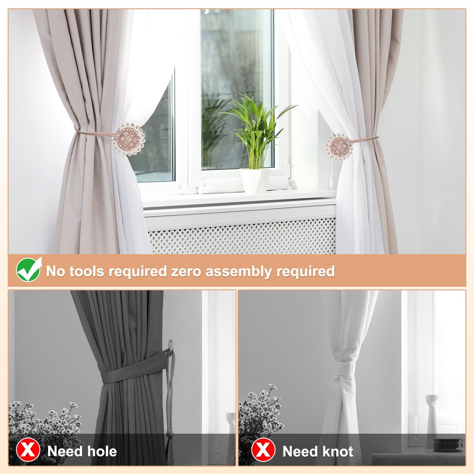PATIKIL Magnetic Curtain Tie Backs, 2 Pack Sparkling Crystal Flower Black