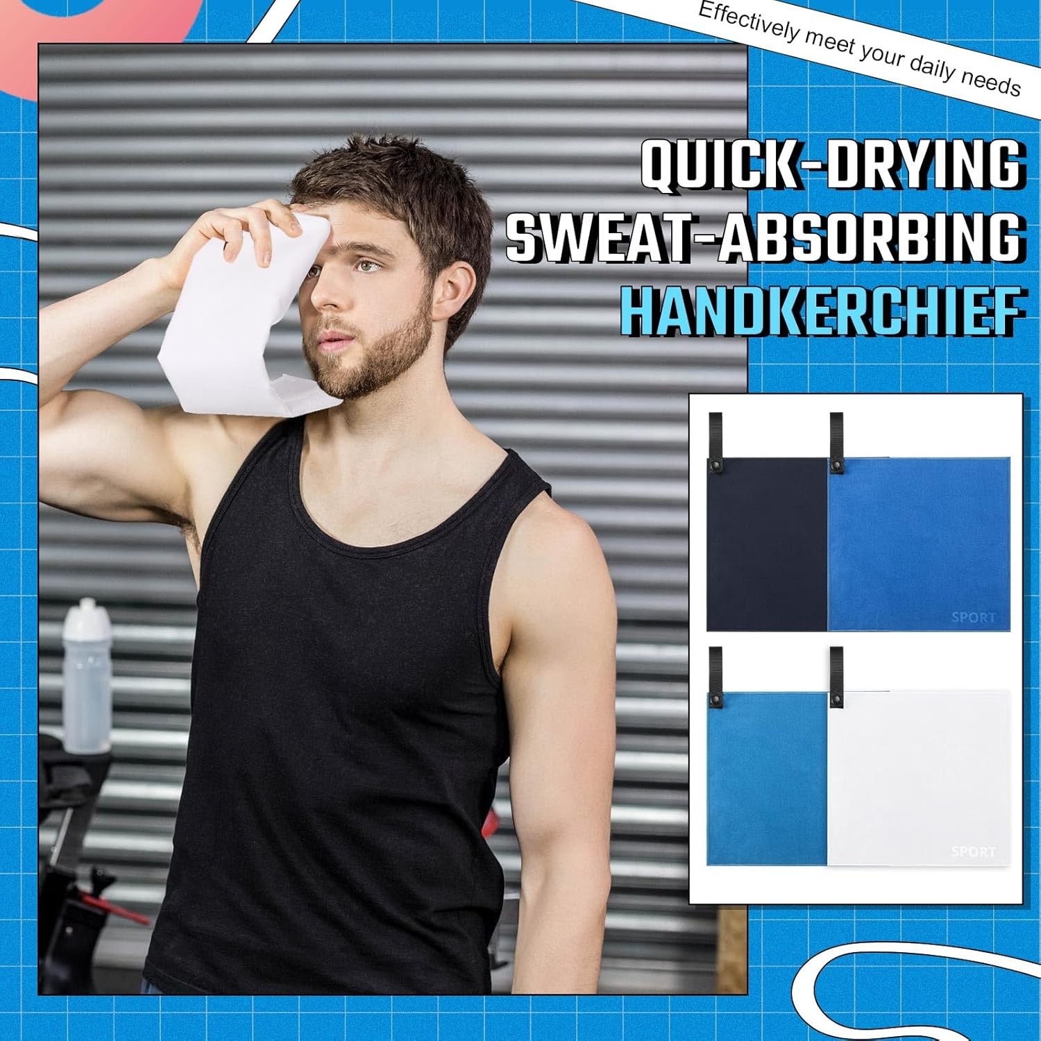 Tranqun 8 Pack Sweat Absorbing Handkerchiefs for Men Quick Dry Blue