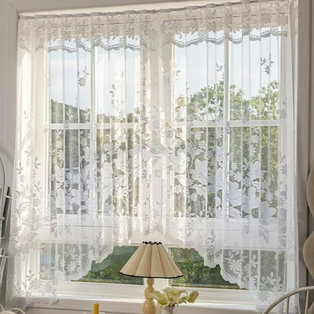 White Lace Arched Swag Curtain Valance Embroidered Sheer Window Treatment 63×39″