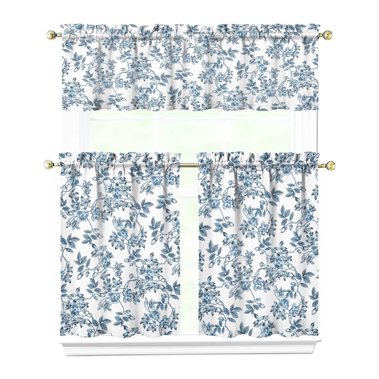 Blue Floral French Farmhouse Kitchen Curtains 36 Inch Length，Durable Leaves C…